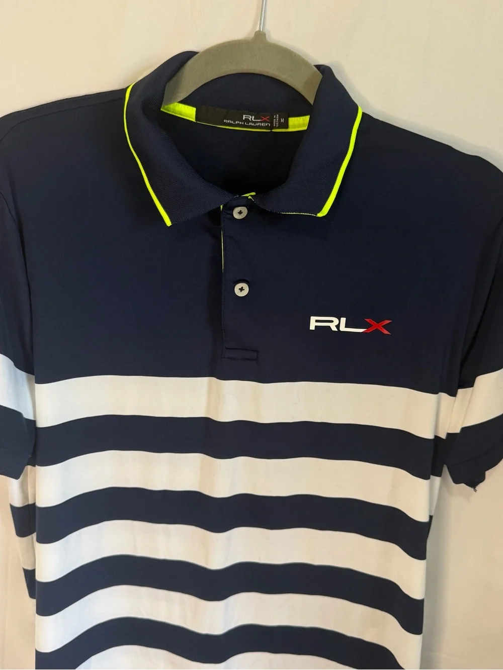 Ralph Lauren RLX Navy, White & Neon-Trim Striped Polo Size M